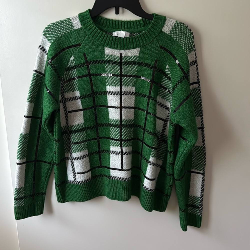 TOPSHOP checkered green knit Christmas sweater